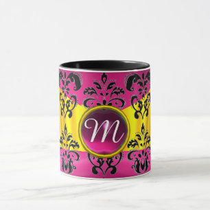 BLACK PINK GOLD FUCHSIA DAMASK GEMSTONE MONOGRAM MOK