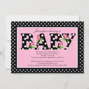 Black Pink Polka Dot "baby" Baby shower Kaart