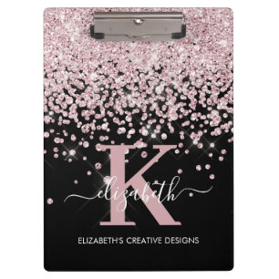 Black Pink Rose Gold Diamond Glitter Monogrammed Klembord