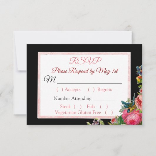 Black PInk Roses Floral Grattée Mariage RSVP carte (Devant)