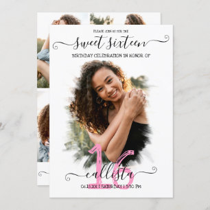 Black Pink White Halo Photo Collage Sweet 16 Kaart