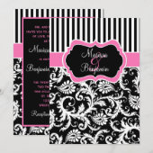 Black Pink White Striped Damask Wedding Invite Kaart (Voorkant / Achterkant)