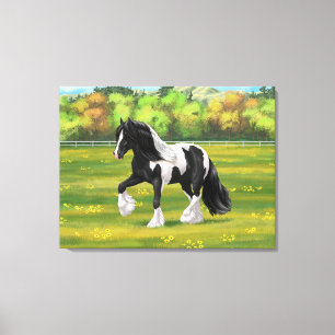 Black Pinto Piebald Gypsy Vanner Draft Horse Canvas Afdruk