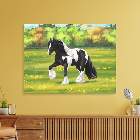 Black Pinto Piebald Gypsy Vanner Draft Horse Canvas Afdruk (Insitu (Woonkamer))