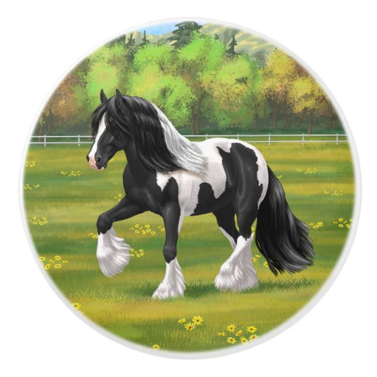 Black Pinto Piebald Gypsy Vanner Draft Horse Keramische Knop (Voorkant)