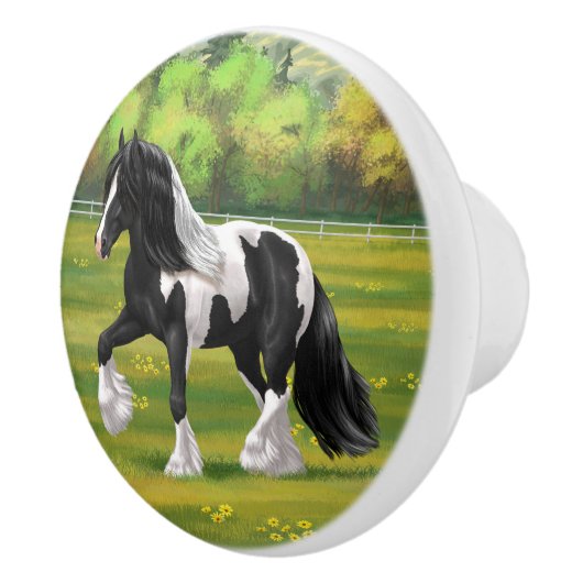 Black Pinto Piebald Gypsy Vanner Draft Horse Keramische Knop (Rechts)