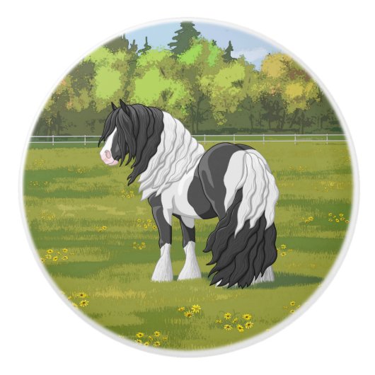 Black Pinto Piebald Gypsy Vanner Draft Horse Keramische Knop (Voorkant)