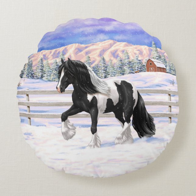 Black Pinto Piebald Gypsy Vanner Draft Horse Rond Kussen (Voorkant)