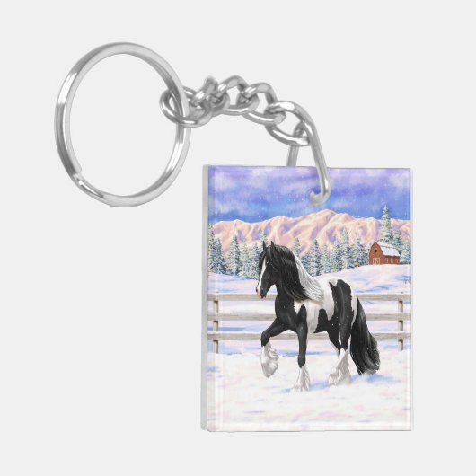 Black Pinto Piebald Gypsy Vanner Draft Horse Sleutelhanger (Voorkant Links)