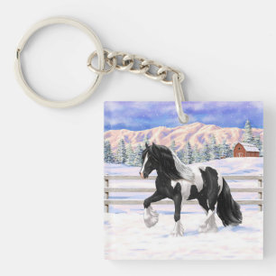 Black Pinto Piebald Gypsy Vanner Draft Horse Sleutelhanger