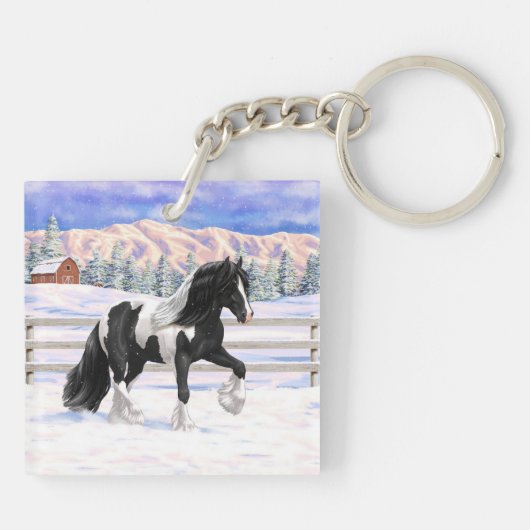 Black Pinto Piebald Gypsy Vanner Draft Horse Sleutelhanger (Achterkant)