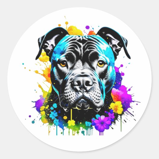 Black Pit Bull Stickers Kleurrijke BloemverfDrips (Voorkant)