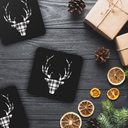 Black Plaid Check Deer Christmas Bier Onderzetter