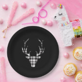 Black Plaid Check Deer Christmas Paper Plates Papieren Bordje (Feest)