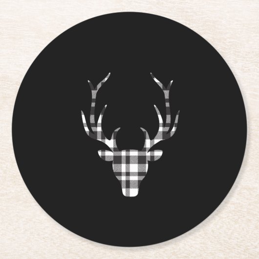 Black Plaid Check Deer Christmas Ronde Kartonnen Onderzetter (Voorkant)