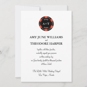 Black Poker Chip Monogram Vegas Wedding Invitation Kaart