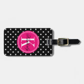 Black Polka Dot met roze monogram Bagagelabel (Voorkant horizontaal)