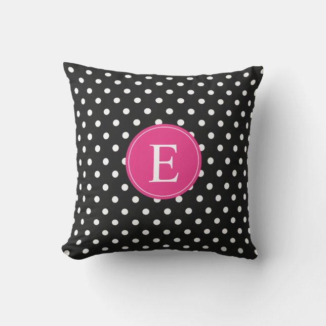 Black Polka Dot Pink Monogram Buitenkussen (Voorkant)
