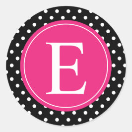 Black Polka Dot Pink Monogram Ronde Sticker