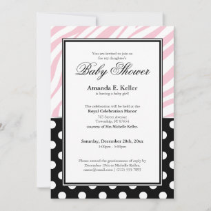 Black Polka Dot Pink Zebra Print Baby shower Kaart
