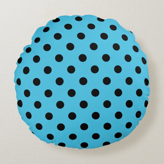 Black Polka Dots on Aqua Blue Round Pillow Rond Kussen (Voorkant)