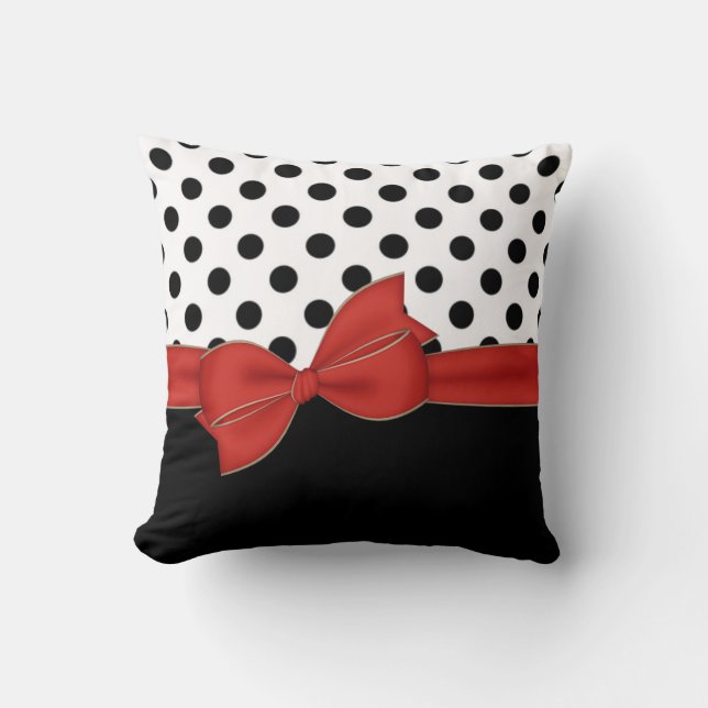 Black Polka Dots Red Bow Throw Cushion Kussen (Voorkant)