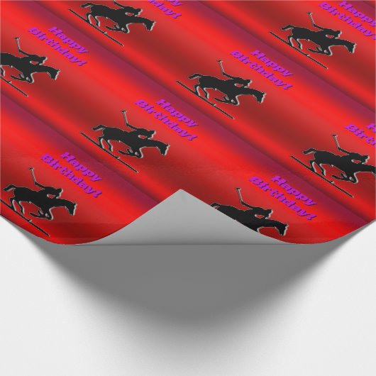 Black Polo Pony, rood chrome effect Happy Birthday Cadeaupapier (Hoek)