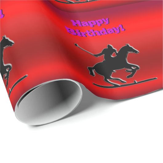 Black Polo Pony, rood chrome effect Happy Birthday Cadeaupapier (Rol Hoek)