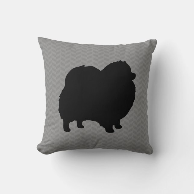 Black Pomeranian Silhouette | Gray Herringbone Kussen (Voorkant)