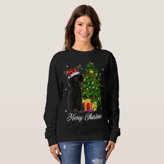 Black Poodle Santa-kerstboom lampjes met leesgemak Trui (Voorkant volledig)