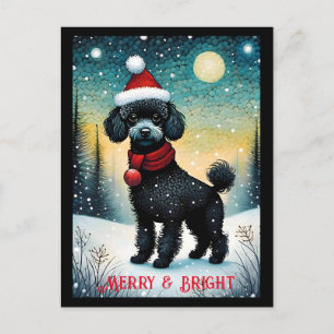 Black Poodle Snowy Meadow Santa Puppy Vakantie Briefkaart