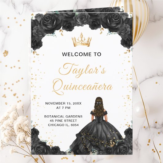 Black Princess Floral Quinceañera Programme