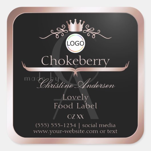 Black Product Label Rose Gold Frame Logo Monogram (Voorkant)