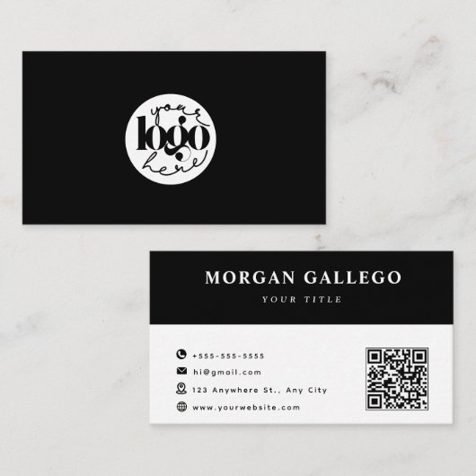 Black Professional QR Code Business Logo Visitekaartje (Voorkant / Achterkant)