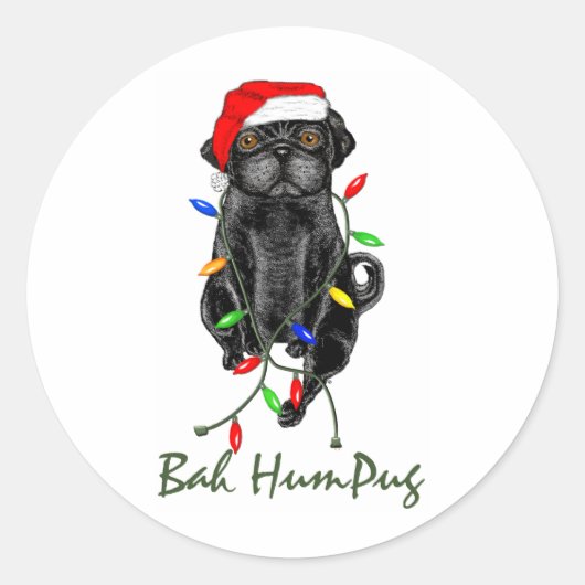 Black Pug Dog Bah Humpug Funny Kerstmis Ronde Sticker (Voorkant)