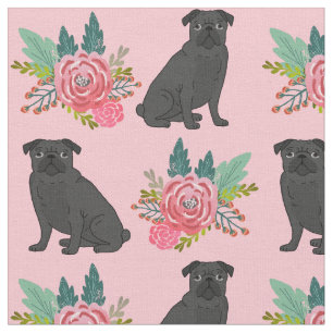 Black Pug dogs roze floral Stof