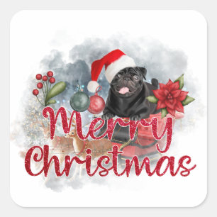 Black Pug Merry Kerstmis met Poinsettia Flower Vierkante Sticker