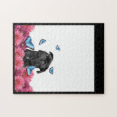 Black Pug met blauwe vlinders en gerberas Legpuzzel (Horizontaal)