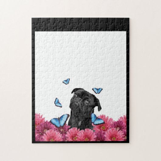 Black Pug met blauwe vlinders en gerberas Legpuzzel (Verticaal)