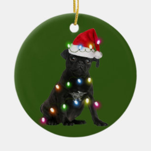 Black Pug met kerstschaats Santa Hat Keramisch Ornament