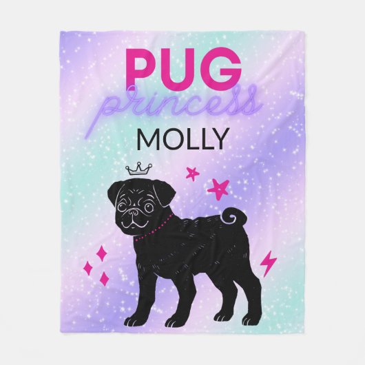 BLACK" PUG PRINCESS" FLEECE BLANKET PERSONALISEERD DEKEN (Voorkant)