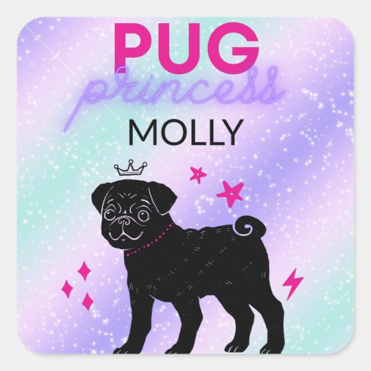 BLACK" PUG PRINCESS" VIERKANTE STICKER (Voorkant)