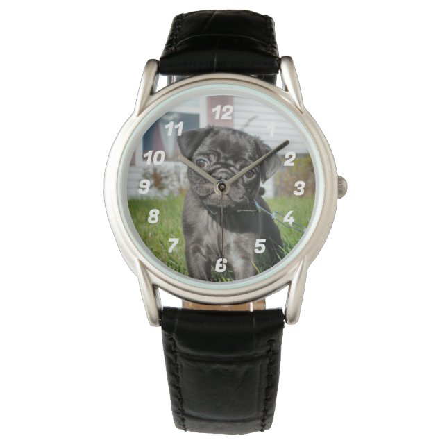 Black Pug Puppy Horloge (Voorkant)