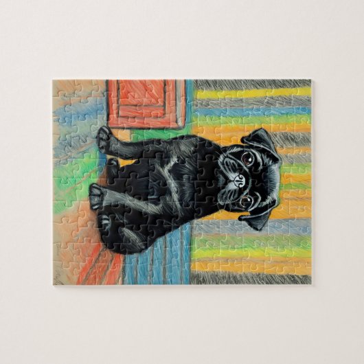 Black Pug puppy krijt kunst puzzel cadeau idee Legpuzzel (Horizontaal)