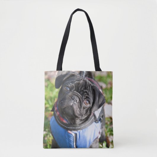 Black Pug Puppy met jas Tote Bag (Voorkant)