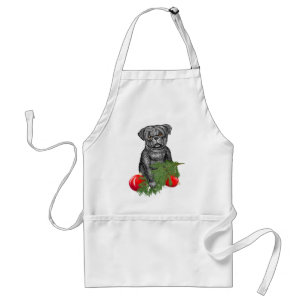 Black Pug Puppy Schattige kerstkunst Standaard Schort