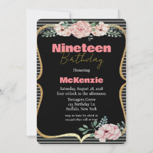 Black Punk Peony Gold Girl 19th Birthday Party Kaart