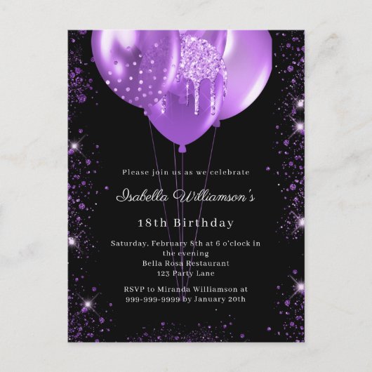 Black purple balloons birthday uitnodiging briefkaart (Voorkant)