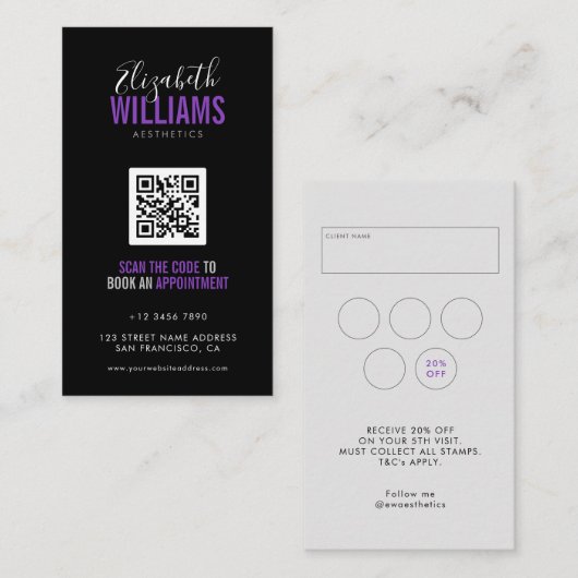 Black Purple Beauty Salon QR Code Loyalty & Visitekaartje (Voorkant / Achterkant)