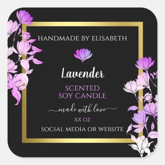 Black Purple Floral Étiquette d'emballage (Devant)